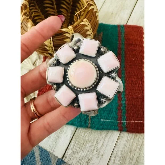 Handcrafted Old Pawn Sterling Silver & Queen Pink Conch Cluster Cuff Bracelet